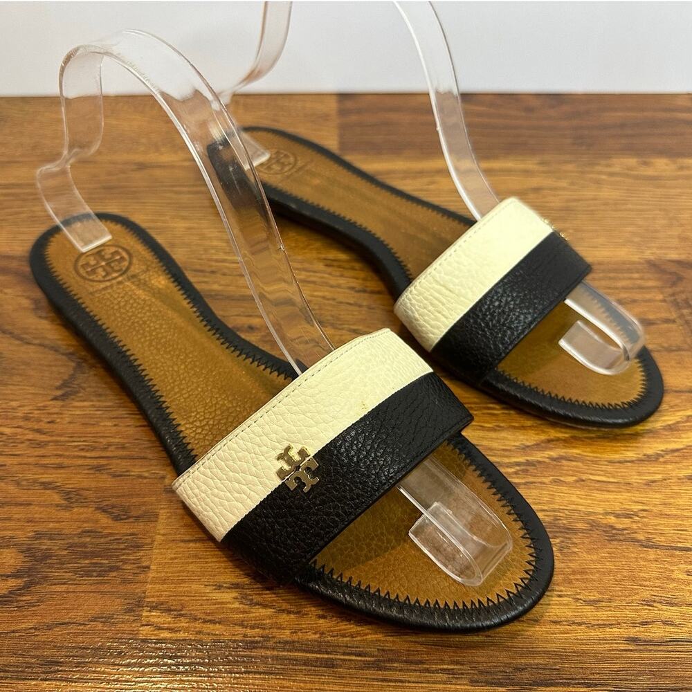 Tory Burch Romy Slide Sandals Women’s 9.5M Black Cream Leather Chic Modern